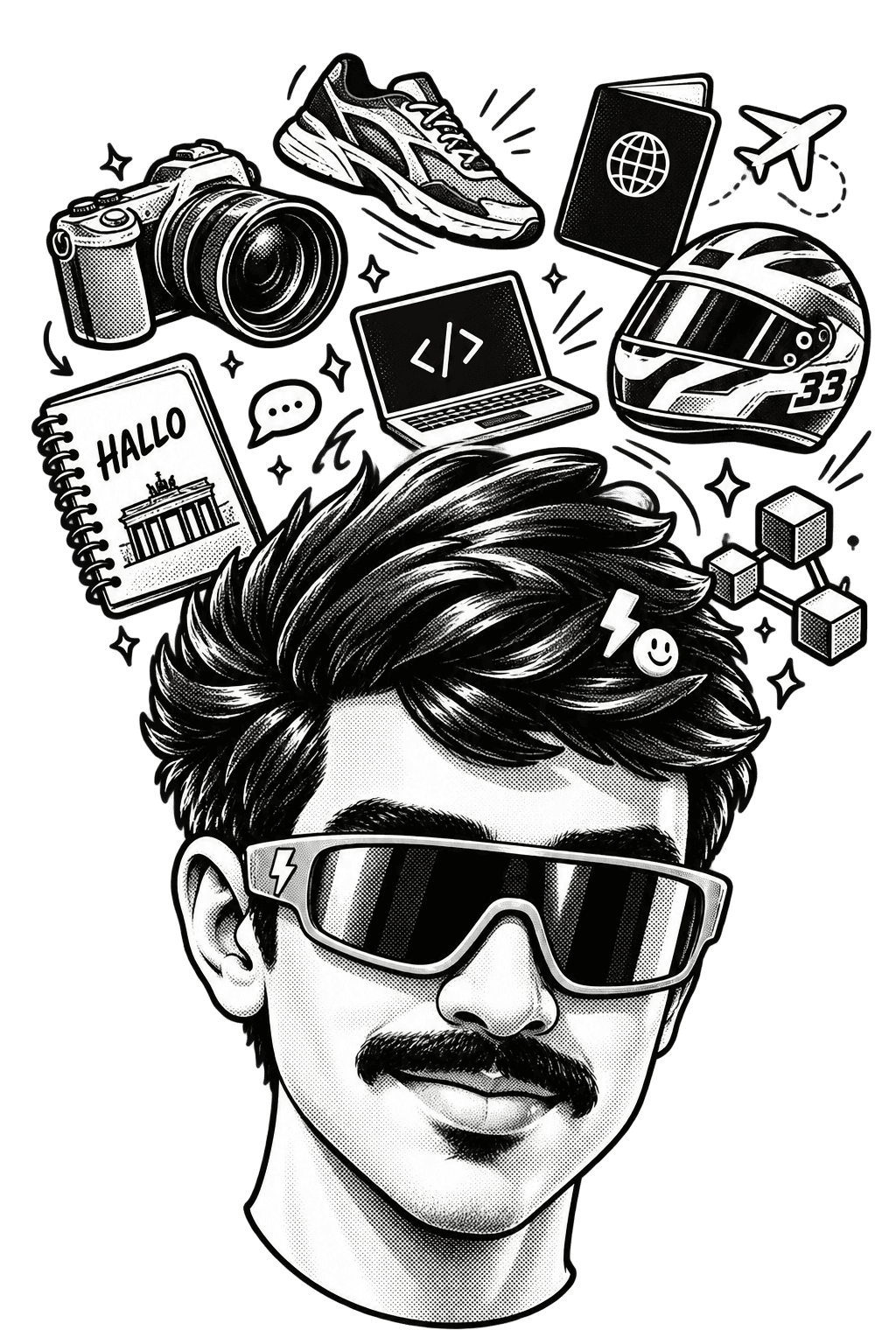 An ink cartoon of Aditya with swept hair, sunglasses, and a moustache, surrounded by a camera, running shoe, racing helmet, German notebook, travel and coding objects.